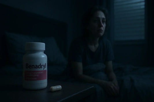 Person awake at 2 AM reaching for Benadryl pill on nightstand in a dark bedroom
